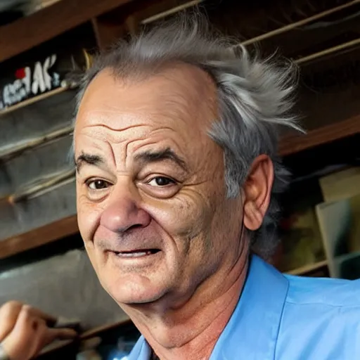 Image similar to !dream the roll of Rick Sanchez will be played by Bill Murray, spikey hair, white lab coat, photography