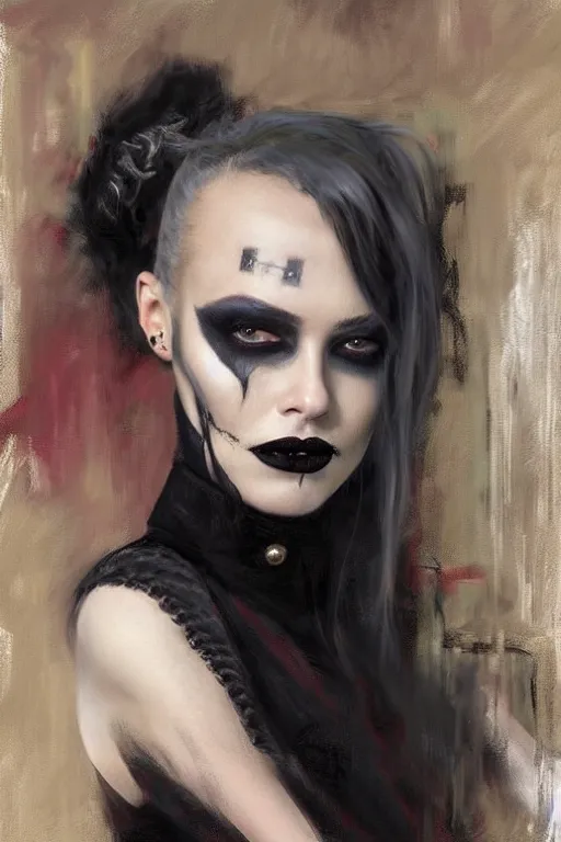 Image similar to Richard Schmid and Jeremy Lipking and Antonio Rotta full length portrait painting of a young beautiful goth punk rock vampire priestess Elvira Mistress of the Dark woman