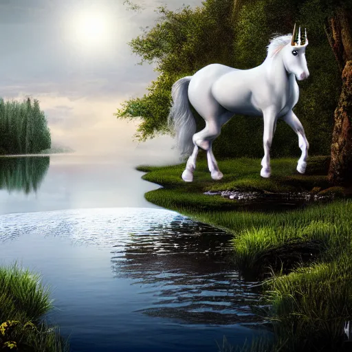 Image similar to a photograph of a white unicorn drinking from a lake. the moon shines on the unicorn. beautiful artstation, incredibly realistic, high quality, 8 k, hdr, incredibly detailed.