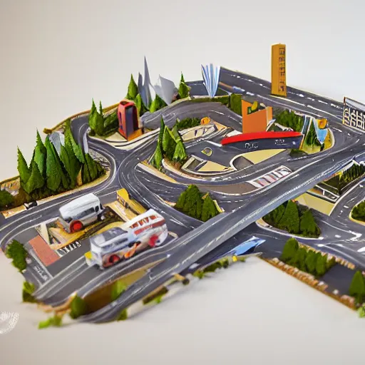 Image similar to paper craft diorama of a city with people and cars