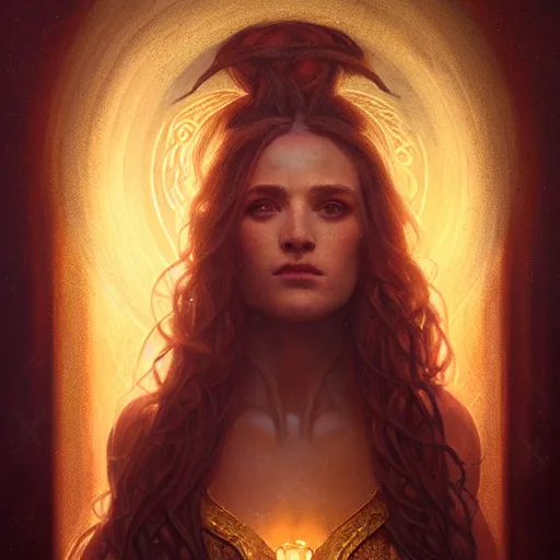 Prompt: majestic gracious deity hekate portrait, ancient greece, elysium, atmospheric lighting, painted, intricate, volumetric lighting, beautiful, rich deep colours masterpiece, golden hour, sharp focus, ultra detailed, by leesha hannigan, ross tran, thierry doizon, kai carpenter, ignacio fernandez rios