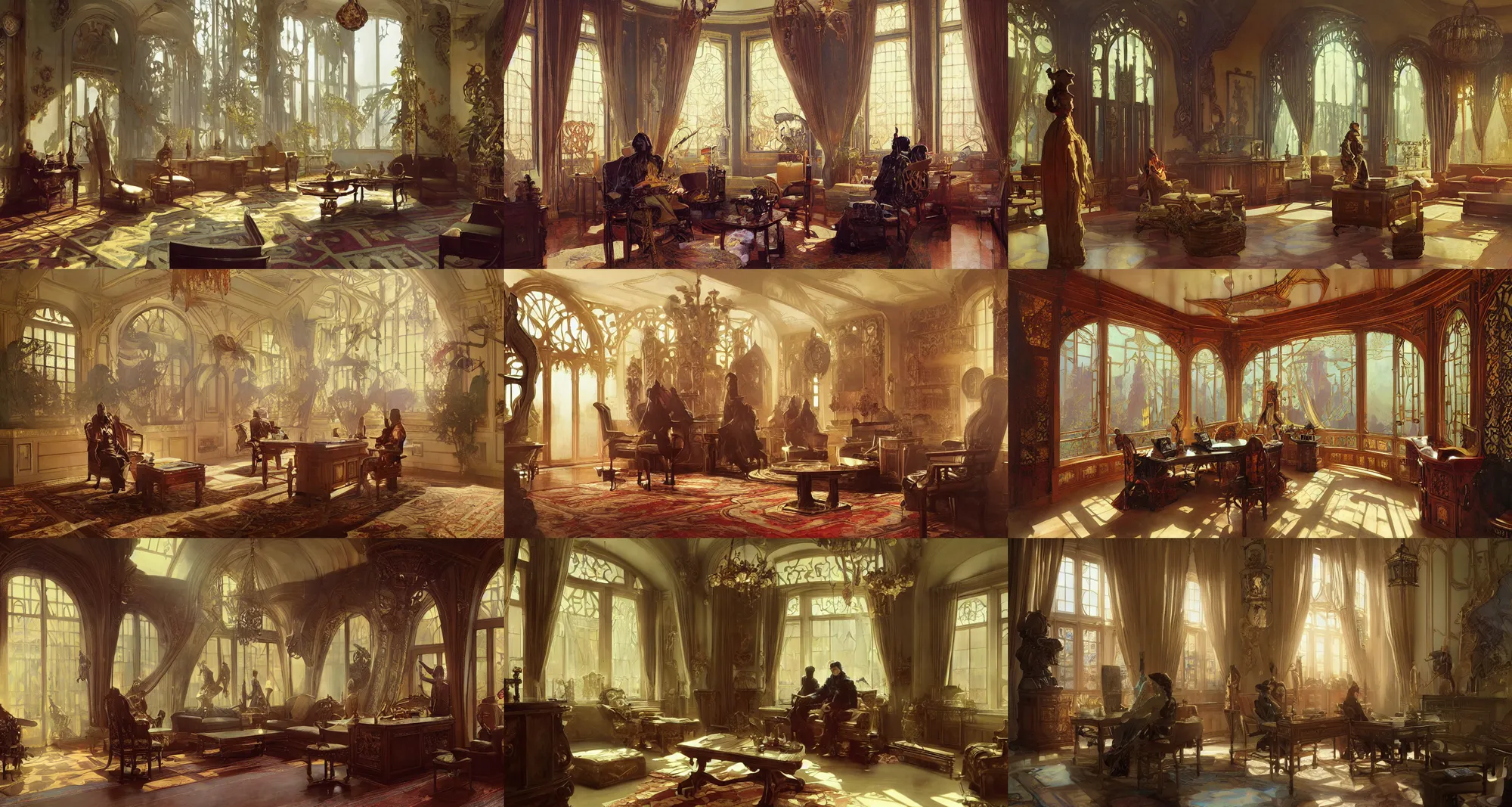 Prompt: royal home office interior, art nouveau, fantasy, art by joseph leyendecker, ivan aivazovsky, ruan jia, reza afshar, marc simonetti, alphonse mucha