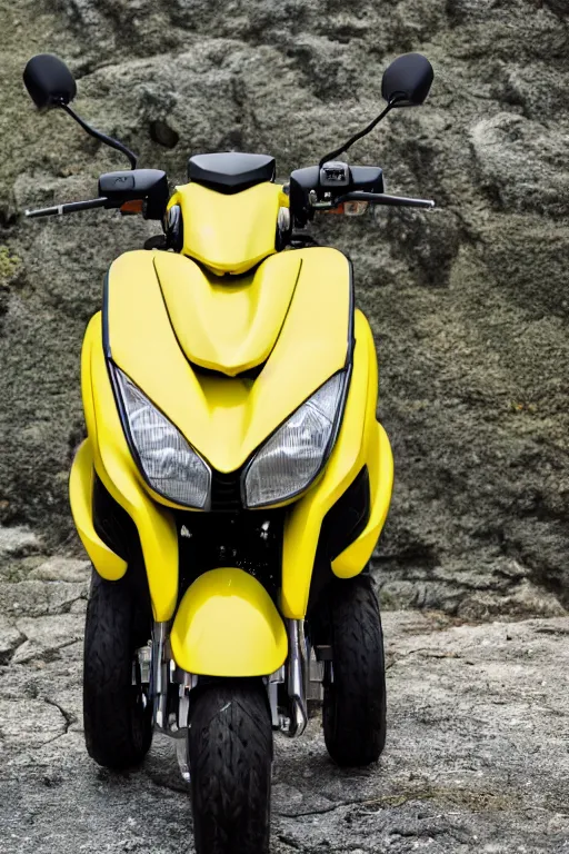 Image similar to yamaha dio with yellow, carbon and white paintjob, mountainroad background, midday, 5 0 ccm engine, race style, custom scooter, dslr, 8 5 mm, f / 1. 3