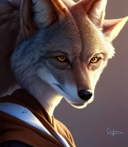 Prompt: beautiful portrait of a female anthro furry coyote wearing jedi robes. character design by charlie bowater, ross tran, artgerm, and makoto shinkai, detailed, soft lighting, rendered in octane