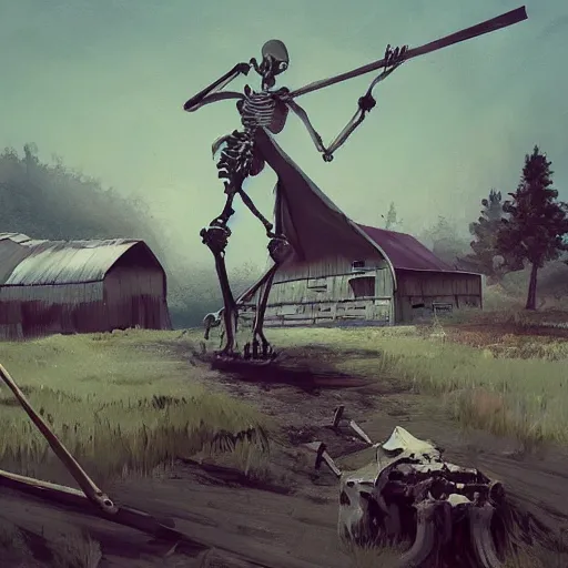 Image similar to a painting of a giant skeleton on a farm laying against a barn with a spear through its rib cage, concept art by ismail inceoglu, trending on artstation, environmental art, apocalypse art, 2 d game art, concept art