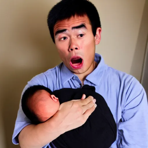 Image similar to a shocked asian man holding his newborn black baby