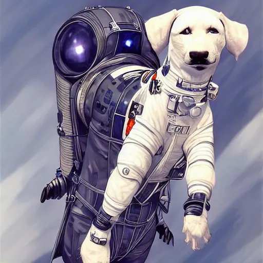 Image similar to a dog in a astronaut suit, 3d, sci-fi fantasy, intricate, elegant, highly detailed, lifelike, photorealistic, digital painting, artstation, illustration, concept art, sharp focus, art in the style of Shigenori Soejima