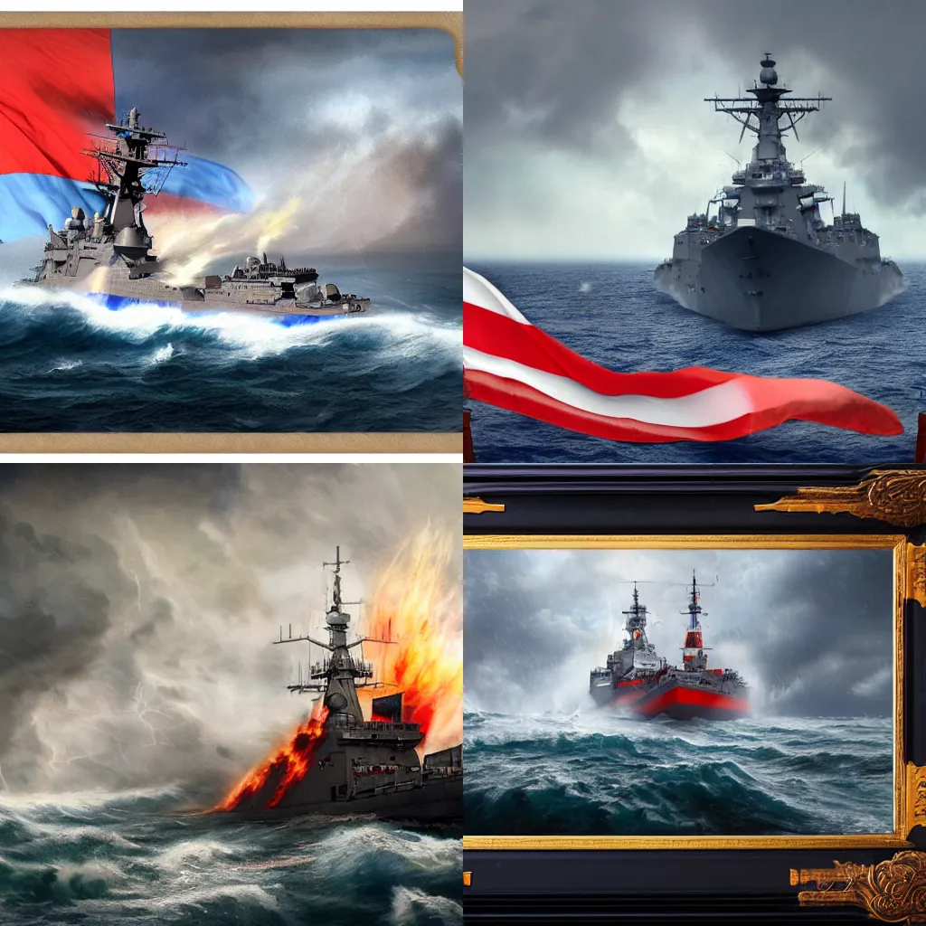 Prompt: An burning destroyer class ship with russian flag on a stormy sea, matte painting, highly detailed