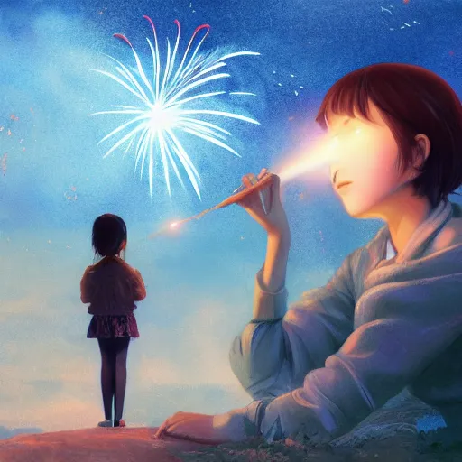 Prompt: girl watching watching fireworks on a hill, digital art, by ben weiner, richard estes, range murata, akiyuki shinbou, yoshitaka amano, wlop, highly detailed, realistic, cinematic, bold colours, photorealism, 4 k, wide angle lens, trending on artstation, artgerm