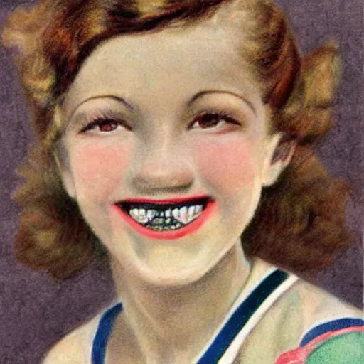 Image similar to a 1 9 2 8 color drawing portrait. calm, happy, healthy, smiling, sporty, young parisienne la couture in athletic wear with beautiful smile and healthy teeth. realistic, high quality.