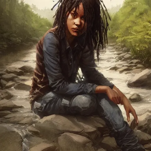 Image similar to clementine from the walking dead the last season sitting next to a river by greg rutkowski