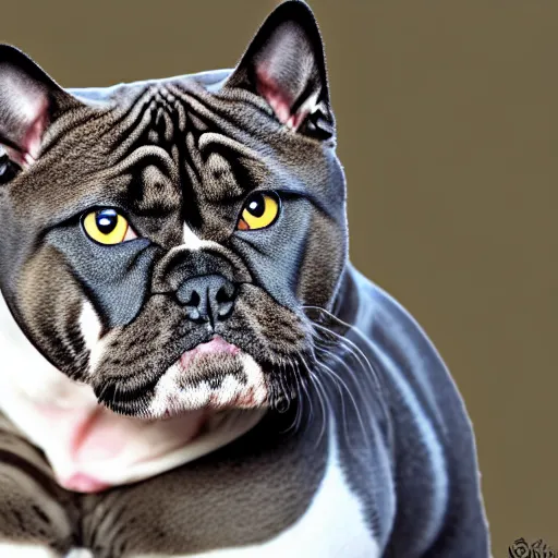 Prompt: a feline bulldog - cat - hybrid, animal photography