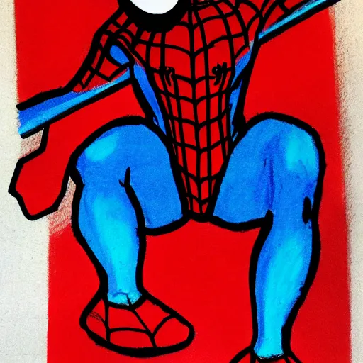 Image similar to crayon drawing of spiderman vs a gun, drawn by a 6 year old