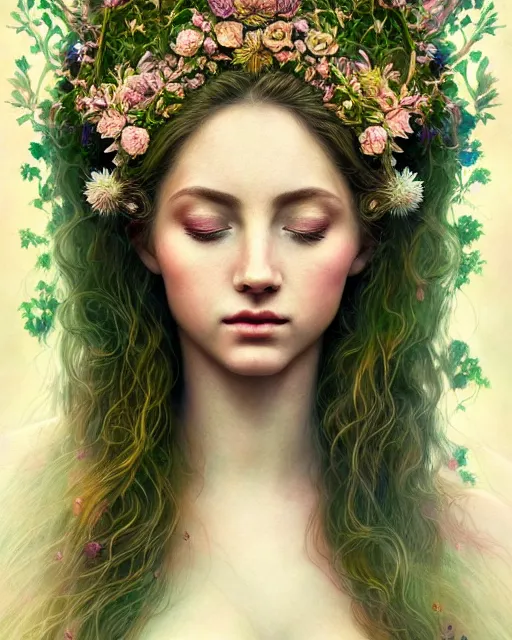 Prompt: portrait of a beautiful goddess of nature, graceful beauty, esoteric, nature and floral aesthetics, other worldly colors, head in focus, intricate, elegant, highly detailed, artstation, artistic, concept art, painterly, hasselbrad photography, sharp focus, art style by emilia elfe