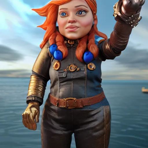 Image similar to extremely realistic portrait of a real life female gnome mechanic artificer character, one prosthetic arm metallic gauntlet, standing on a boat with naval background, trending on artstation, heroic pose, highly detailed, 8k