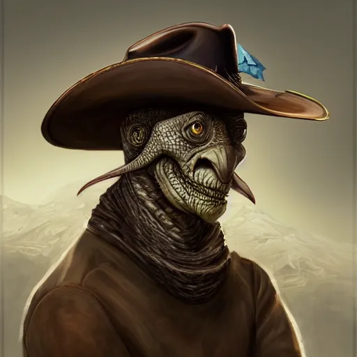 Prompt: a portrait of a reptilian with a cowboy hat on with an American flag scarf, D&D, sci-fi, elegant, hopeful, muscular, highly detailed, digital painting, artstation, concept art, smooth, sharp focus, illustration