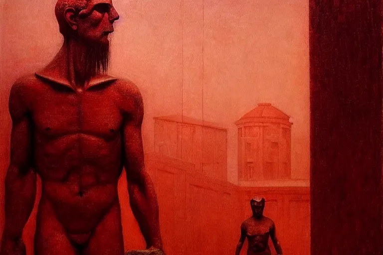 Image similar to only with red, caesar after war, the great deal, a red tiger, in hoc signo vinces, rome in background, an ancient path, in the style of beksinski, part by hopper, part by rodcenko, part by hofbauer, intricate composition, red by caravaggio, insanely quality, highly detailed, masterpiece, red light, artstation