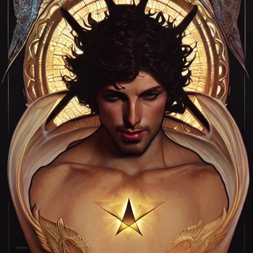 Image similar to attractive male deity, casting dark magic, summoning handsome lucifer morningstar, highly detailed painting by artgerm and greg rutkowski and alphonse mucha