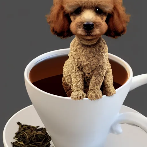 Image similar to very realistic cute poodle sitting inside a tea cup