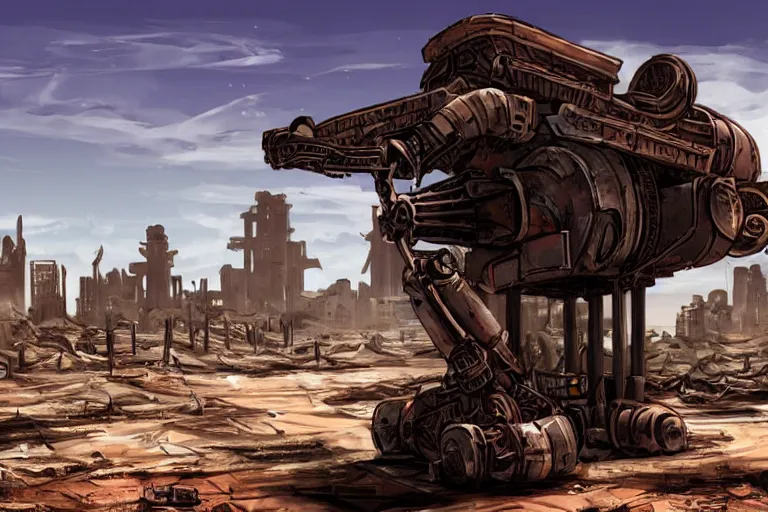 Image similar to desert landscape futuristic city ruins fallout post apocalyptic burning robot