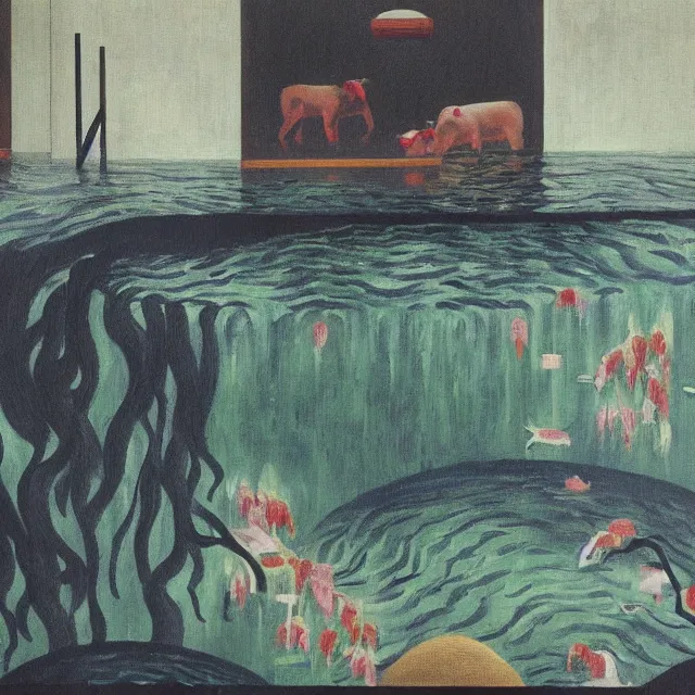 Prompt: painting of flood waters inside an apartment, zen, a tall catgirl art student, a river flooding inside, art supplies, pigs, ikebana, water, river, rapids, waterfall, black swans, canoe, pomegranate, berries dripping, acrylic on canvas, surrealist, by magritte and monet