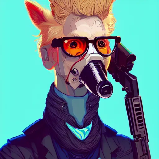 Image similar to a portrait of an anthropomorphic cyberpunk blond terrier! holding a shotgun, fantasy, elegant, digital painting, artstation, concept art, matte, sharp focus, illustration, art by josan gonzalez