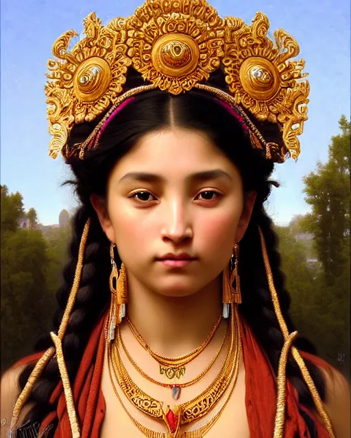 Image similar to photo of a gorgeous young tribal woman wearing elaborate baroque jewelry and rococo ornaments in the style of stefan kostic, realistic, sharp focus, symmetric, 8k high definition, insanely detailed, intricate, elegant, art by stanley lau and artgerm, William-Adolphe Bouguereau