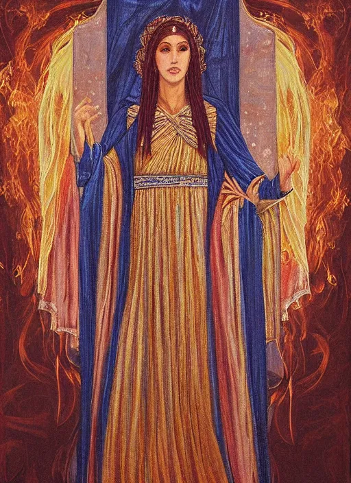 Image similar to Portrait of a beautiful priestess from the oracle of Delphi, looking into the flames, greek fabric by Julia Ustinovich