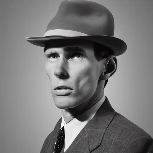 Image similar to A photograph portrait of Jerma985 wearing a suit with and fedora in the 1950s, taken in the early 1950s, grainy, taken on a 1950s Kodak Camera, realistic, hyperrealistic, very realistic, highly detailed, very detailed, extremely detailed, detailed, digital art, trending on artstation