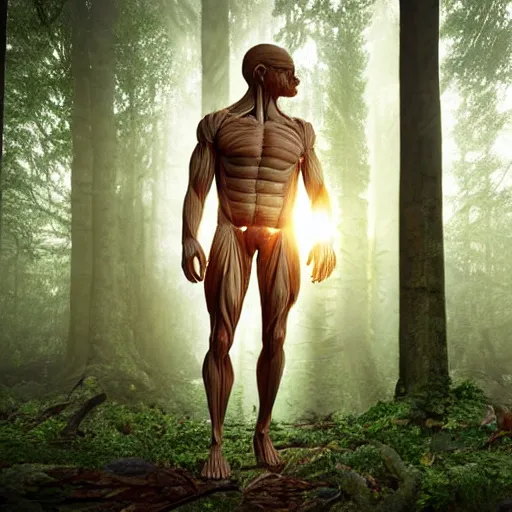 Prompt: realistic human made of muscles, flesh, plants and mushrooms, in the middle of a mysterious forest, god rays