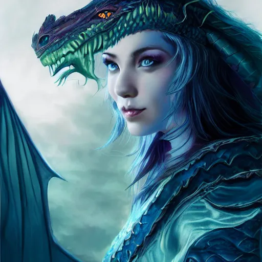 Prompt: The dragon girl portrait, portrait of young girl half dragon half human, dragon girl, dragon skin, dragon eyes, dragon crown, blue hair, long hair, highly detailed, cinematic lighting, Matte painting by Wes Craven