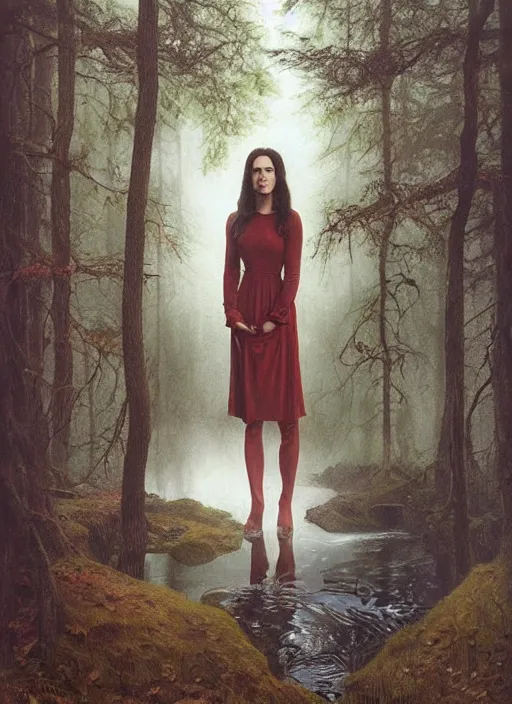 Prompt: portrait of jennifer connelly in searching in the woods standing before the mysterious small pond, twin peaks poster art, from scene from twin peaks, by michael whelan, rossetti bouguereau, artgerm, retro, nostalgic, old fashioned