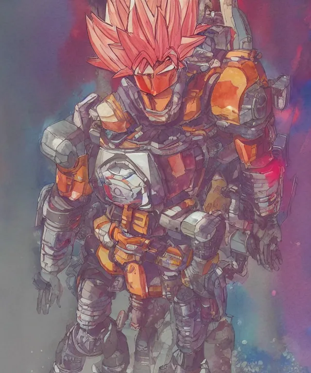 Image similar to a watercolor painting full body character portrait of a cyborg super saiyan warrior / soldier in the style of moebius in the style of cyberpunk trending on artstation deviantart pinterest detailed realistic hd 8 k high resolution