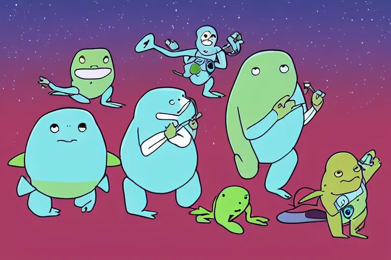 Prompt: “a group of baby harp seal cyborg warrior surrounding a group of ninja frogs, in the style of Rick and Morty”