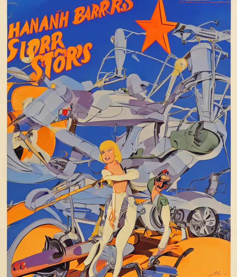 Image similar to Hannah Barbera cartoons of Five Star Stories as Whacky Wheels, promotional poster super detailed , xpensive production, realistic style, gouache colors, Hollywood retro cartoon poster, golden era of animation work