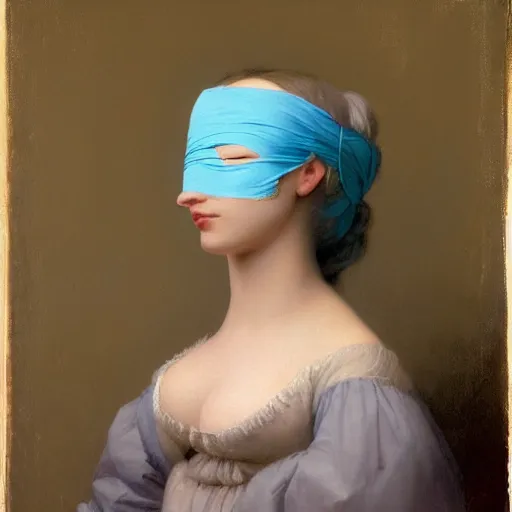 Image similar to a young woman’s face, her hair is silver, she wears a flowing blue satin blindfold, by ivan aivazovsky and pieter claesz and paul delaroche and alma tadema and august malmstrom and and willen claesz heda and aelbert cuyp and gerard ter borch, contrapposto, hyperrealistic, volumetric light, rendered in octane, c4d