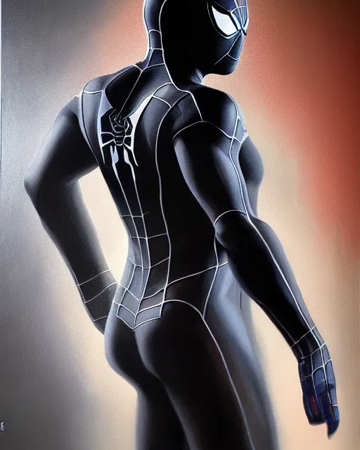 Prompt: hybrid of a sleek stealth suit and spider - man, photorealistic oil painting, hyperdetailed, realistic