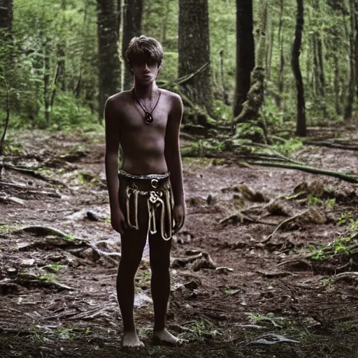 Prompt: a teenage boy, around 1 6 yo. iron necklace and sandals. natural brown hair. loincloth, pale skin. detailed face. ominous and eerie looking forest in background. natural colors. hyperrealistic photo.