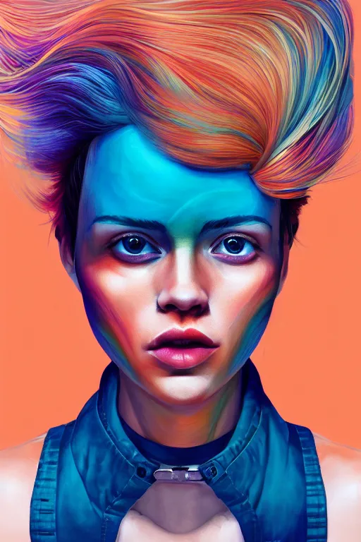 Image similar to a award winning half body portrait of a beautiful caucasian woman in a croptop and cargo pants with ombre orange blue teal hairstyle with head in motion and hair flying by martine johanna, outrun, vaporware, digital art, trending on artstation, highly detailed, fine detail, intricate