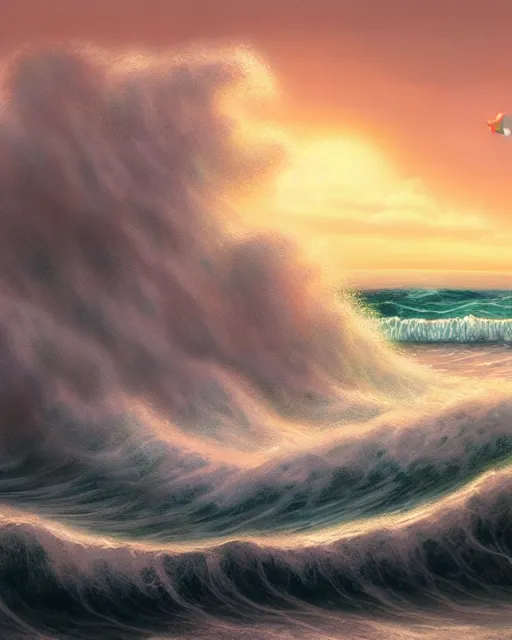 Image similar to sea with huge tsunami rolling waves, shore, sunset, hyper realistic, artstation, illustration, nicoletta ceccoli, mark ryden, lostfish, dan decarlo, bob clampett, max fleischer, digital paint, matte paint, vivid colors, detailed and intricate environment