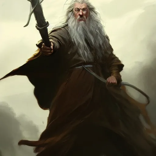 Image similar to gandalf casts a lightningbolt, dramatic lighting, chiaroscuro, high detail, painted by greg rutkowski, painted by igor kieryluk, painted by bobby chiu, trending on artstation