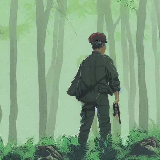 Prompt: stephen king film of a man alone in a lush green forest, wearing a baseball hat, japanese illustration, 1 9 8 0 s style, apprehensive mood, man is carrying a rifle, alone, matte illustration, apocalyptic vibes