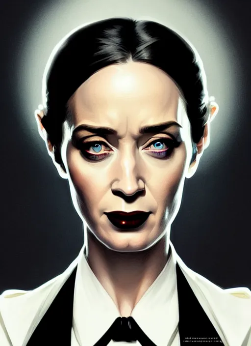 Image similar to portrait of emily blunt with reptile eyes as business woman, black suit, white shirt, black tie, intricate, headshot, highly detailed, digital painting, artstation, concept art, sharp focus, cinematic lighting, illustration, art by artgerm and greg rutkowski, alphonse mucha, cgsociety