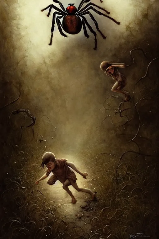 Image similar to screaming kids running away from huge spider | esoteric symbolism | jean - baptiste monge, esao andrews, bastien lecouffe - deharme, tim jacobus, ken currie | ultra - detailed realism, soft cinematic lighting, hi - fructose, artstation, high - quality, ink watercolors wes anderson poster art