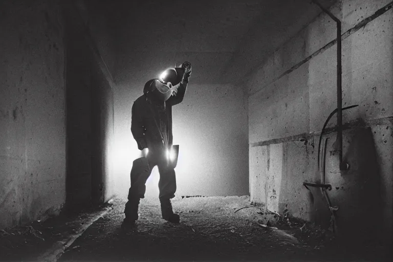 Prompt: welder wearing welding mask hiding in a sewage pipe, ominous lighting, by richard avedon, tri - x pan stock