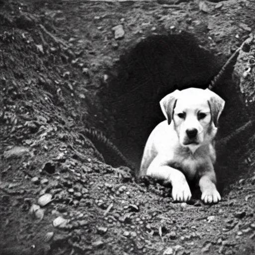 Image similar to Puppy in ww1 trench, war photo, film grain