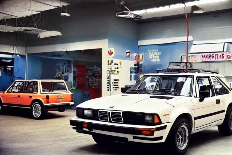 Image similar to A single 1985 wagon estate Bronco Vector W8 Twin Turbo 911!!! BMW M1 inside of a car wash, ektachrome photograph, volumetric lighting, f8 aperture, cinematic Eastman 5384 film