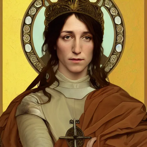 Image similar to portrait of charlotte gainsbourg as joan of arc, hyperreal digital painting, iconography influenced by alphonse mucha and eugene delacroix, arstation and deviantart trends, high resolution 8 k