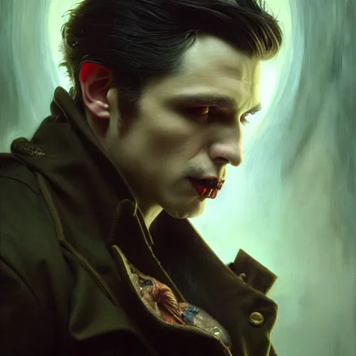 Image similar to portrait painting of actor joseph quinn as a vampire, ultra realistic, concept art, intricate details, eerie, highly detailed, photorealistic, octane render, 8 k, unreal engine. art by artgerm and greg rutkowski and charlie bowater and magali villeneuve and alphonse mucha