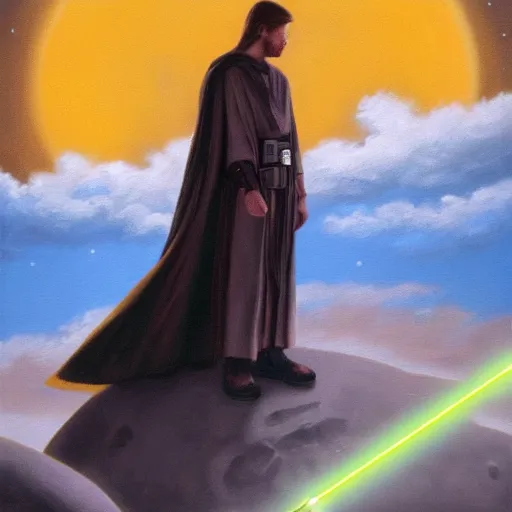 Prompt: a jedi standing with his yellow lightsaber activated from a distance staring at a falling star destroyer, oil painting